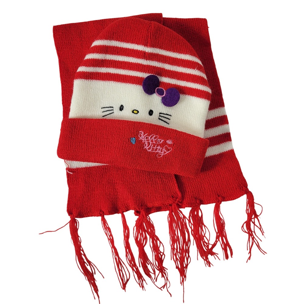 Hello Kitty Beanie Scarf Set Kids Red White Striped Sanrio Y2K Kawaii Anime